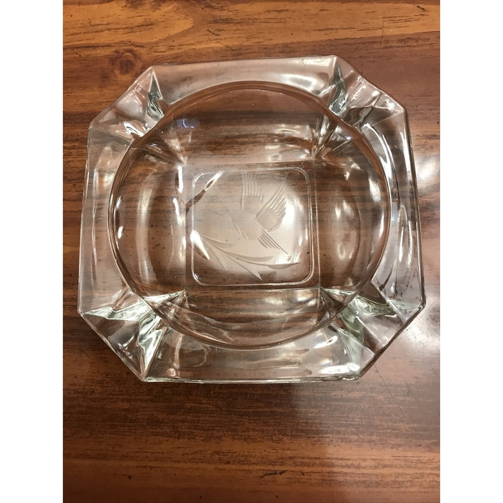 Clear Glass Etched Pheasant Bird Vintage Ashtray